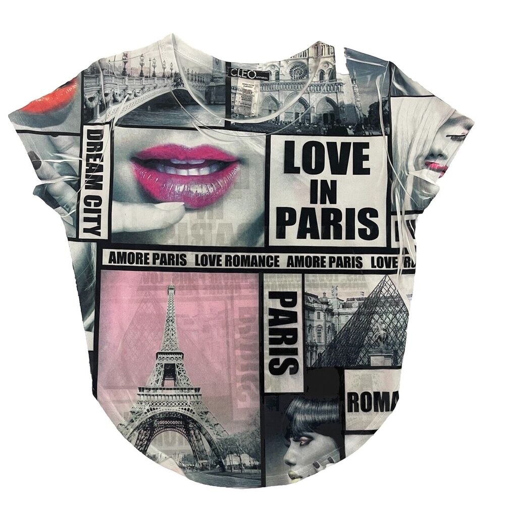 Cleo Apparel Cropped Shirt Womens Large All Over Print Glam Photos Cut Out Back
